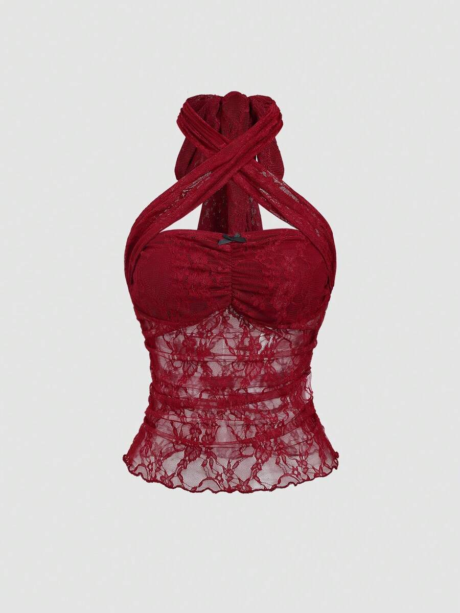 SHEIN Sweetro 新款春夏欧美性感可爱Y2K蕾丝修身浪漫吊带休闲/约会/度假酒红色女式背心 - 酒紅色 - 查看 1
