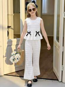 2pcs/Set Girls Jacquard Sleeveless Top And Pants, Suitable For Summer Outings, Vacation, And Daily Wear - White - View 7