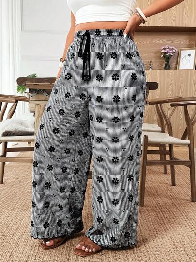 Weeklong 大码女装新款优雅刺绣抽绳腰阔腿裤，高腰显瘦休闲简约时尚宽松长裤