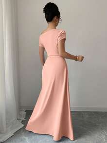 Elenzga Asymmetrical Shoulder + Ruched Waist Extra Long Dress - Baby Pink - View 2