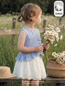 Cozy Pixies 女婴蓝白格子无袖荷叶领上衣和松紧腰半裙两件套 - 彩色 - 查看 3