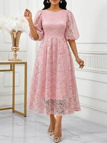 SHEIN Lady Women's Elegant Party Solid Color Lace Midi Dress Pink Elegant Dress Wedding Guest Dress Women Lace Dress,Pink Dress - Pink - View 6