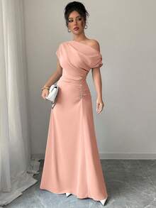 Elenzga Asymmetrical Shoulder + Ruched Waist Extra Long Dress - Baby Pink - View 6