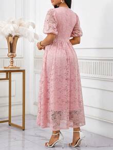 SHEIN Lady Women's Elegant Party Solid Color Lace Midi Dress Pink Elegant Dress Wedding Guest Dress Women Lace Dress,Pink Dress - Pink - View 2