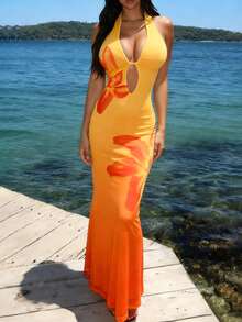 Zyxie Women's Ombre Mesh Digital Print Halter Maxi Dress - Multicolor - View 6