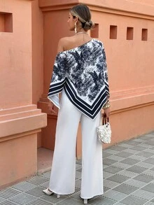 Flora Isola Flora Isola 女士不对称下摆印花衬衫和纯色休闲裤套装，度假装，时尚印花服装 - 藍白色 - 查看 2