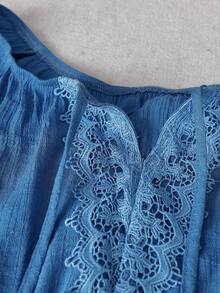 EMERY ROSE Plus Size Casual Solid Color Lace Patchwork Shirt - Blue - View 5