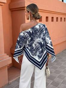 Flora Isola Flora Isola 女士不对称下摆印花衬衫和纯色休闲裤套装，度假装，时尚印花服装 - 藍白色 - 查看 6