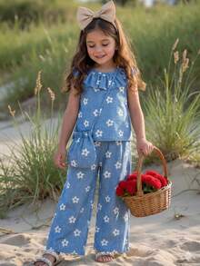 Elladie kids 2pcs/Set Young Girl Korean Style Elegant Sweet Floral Ruffle Collar Sleeveless Dress Top+Straight Pants+Bag,Summer Princess Fashion Outfit Gift - Blue - View 5