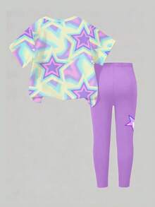 两件套休闲可爱紫色女童套装，包含短袖T恤和紧身打底裤，紫色打底裤饰有彩色星星印花，适合4-7岁女孩春夏穿着。活力四射的紫色星星女童数码印花T恤，不仅穿着舒适，而且柔软亲肤，简约时尚，让孩子们在春夏成为焦点。 - 彩色 - 查看 3