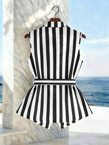GlowEve Vertical Striped Sleeveless Blazer With Lapel, V-Neck, Metal Buckle Belt, Faux Pockets, Waist Cinched, Flared Hem For Women - Multicolor - View 2