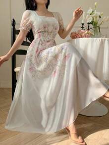 Modelyn 女士方领印花收腰连衣裙，饰有3D立体花卉图案 - 彩色 - 查看 6