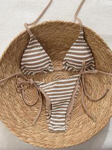 Swim Vcay 2026 Spring/Summer Crochet Fabric Spaghetti Strap Halter Backless Tie-Side High Cut Bikini Two Pieces Swimsuit For Women - Brown - View 1