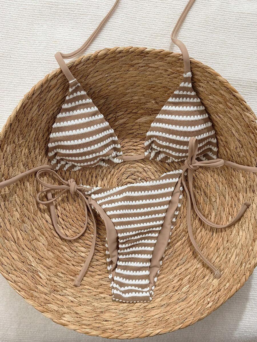 Swim Vcay 2026 Spring/Summer Crochet Fabric Spaghetti Strap Halter Backless Tie-Side High Cut Bikini Two Pieces Swimsuit For Women - Brown - View 1