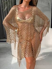 Zestiva 女士彩色渐变高开衩飘逸流苏网纱性感和服罩衫，适合海滩度假、春夏秋季穿着 - 金色 - 查看 2
