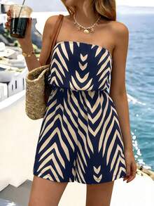 Balvessa 女士夏季休闲度假风印花束腰抹胸连体裤 - 藏蓝色 - 查看 6