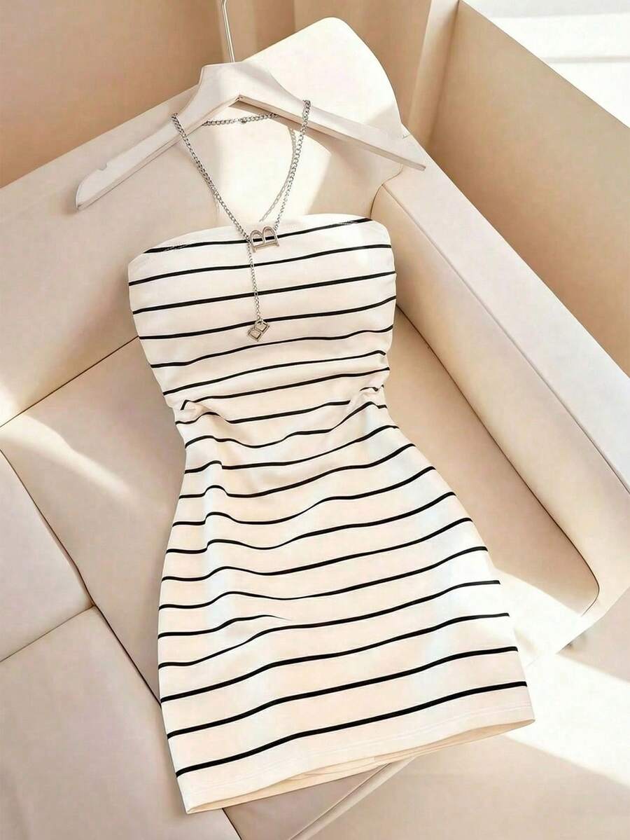 Resyla 女士新款条纹印花圆领修身抹胸连衣裙，春夏款 - 彩色 - 查看 1