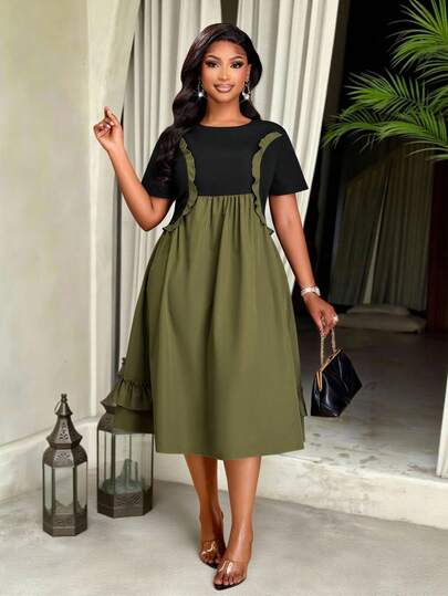 Brilight Women's Elegant And Sexy Spring And Summer Waistline Dress, South African Traditional Clothing, Art Photography Shoot Dress, Party Gathering Art Print Popular Color Fake Two-Piece Dress. Solving The Problem Of 'not Daring To Wear Dresses With A Love Handle': Fake Two-Piece Design + Baby Doll Skirt Hem, Hiding The Stomach