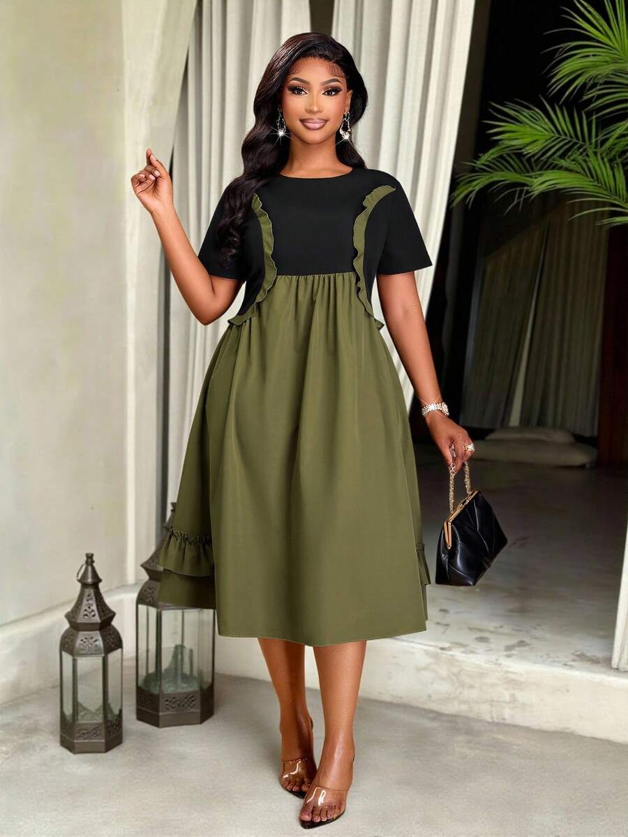 Brilight 女士优雅性感春夏收腰连衣裙，南非传统服饰，艺术摄影拍摄礼服，派对聚会艺术印花流行色假两件式连衣裙。解决“腰部赘肉不敢穿连衣裙”的难题：假两件式设计+娃娃裙摆，巧妙遮掩小肚腩。 - 軍綠色 - 查看 1