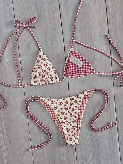 Swim Mod Floral Gingham Maillard Bow Micro Triangle Bikini Set, Sweet & Sexy For Beach, Airport, Vacation