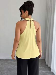 Easura 大码女式春夏无袖黑白撞色系带领优雅通勤衬衫 - 淡黃色 - 查看 2