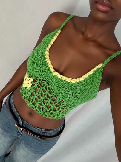 Glamine 优雅多色吊带露背浪漫度假春夏约会派对性感女士针织上衣绿色露脐上衣钩针露脐上衣，海滩度假，夏季