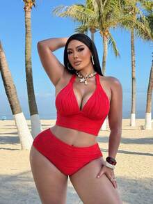 Swim SXY 2026 New Arrival Ruffle Halter Swimsuit, Deep V-Neck Design High Waist Style, Sexy Vacation Vibe Slimming Supportive Swimwear Set - Red - View 3