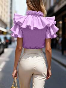 SHEIN Clasi Blusa casual de mujer de unicolor con volantes exagerados y cuello en V, para verano - Púrpura malva - Ver 2