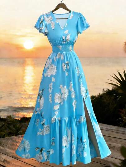 Elenzga Nuevo vestido elegante y estilizador para mujer con mangas de vuelo fruncidas, cintura fruncida y diseño de abertura