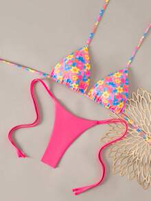 Vaytide 女士两件套印花露背三角比基尼上衣和侧系带泳裤性感泳衣套装，春夏海滩度假比基尼，色彩缤纷，巴西比基尼套装，三角比基尼，波点假日比基尼，XXS码比基尼套装，女士比基尼套装，女士泳衣，女士两件套泳衣 - 彩色 - 查看 8