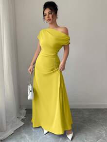 Elenzga Asymmetric Shoulder + Ruched Waist Dress - Mustard Yellow - View 4