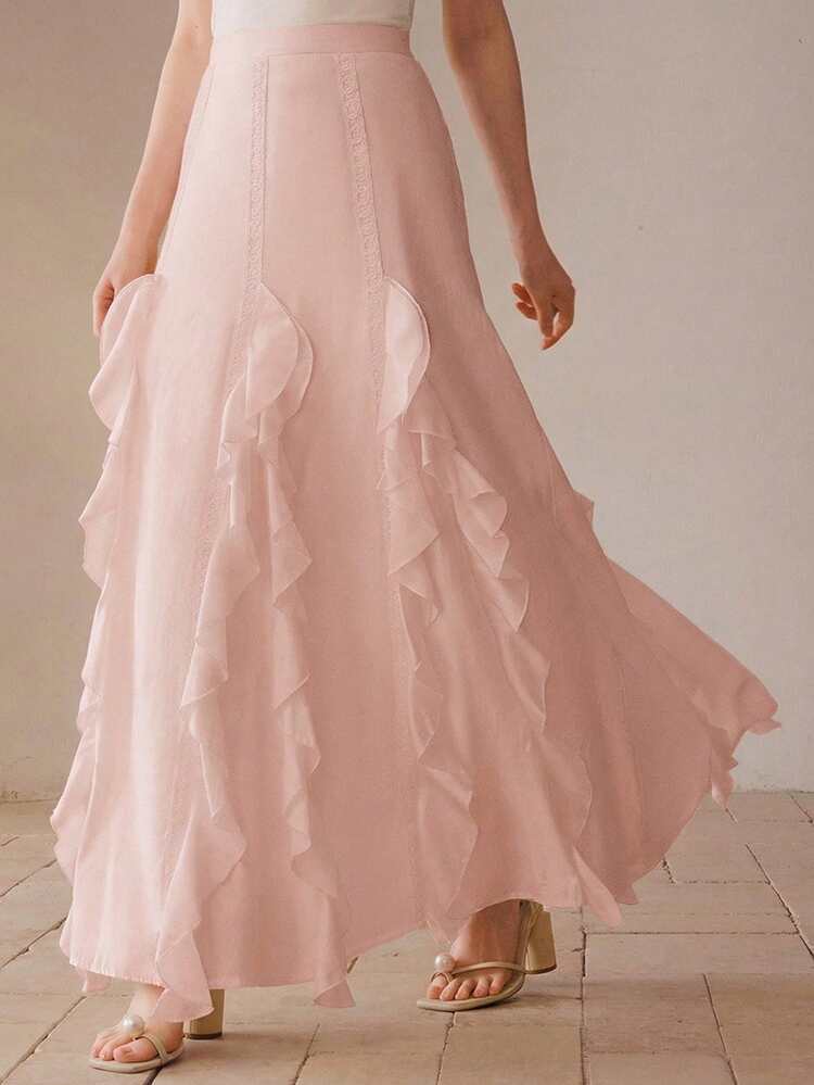 ELEGANT LINEN-LIKE CRINKLE RAYON RUFFLE TRIM FLOWY MIDI SKIRT, VERSATILE FOR SPRING & SUMMER