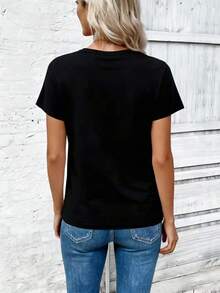 EMERY ROSE 女士春夏新款热销爱心印花圆领短袖休闲百搭T恤 - 黑色 - 查看 2