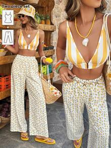 Selianne Ensemble deux pièces rayé jaune et blanc - Débardeur et pantalon imprimé citron, vibrant de dopamine pour les vacances à la plage/tenue décontractée (printemps et été) - Multicolore - Voir 4