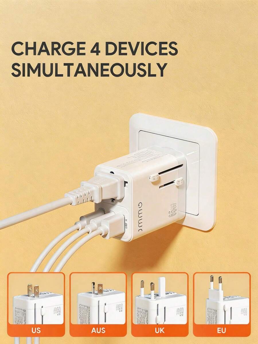 JMMO Adaptador de enchufe internacional GaN de 65W, adaptador de viaje universal con 3 puertos USB que incluyen 2 puertos USB-C y 1 puerto USB-A, compatible en talla grande de 150 países con EE. UU., Reino Unido, UE y AU - Blanco - Ver 1
