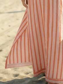 EMERY ROSE Fashionable Loose Casual Printed V-Neck Striped Blended Fabric Vacation Travel Robe For Women - Multicolor - View 6