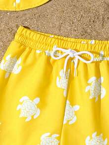 Souflis Souflis 2 pièces Ensemble de maillot de bain pour bébé garçon, Short de bain et chapeau avec motif mignon de tortue verte, Short de plage à cordon de serrage ajustable, Tenue de vacances et de plage - Jaune citron - Voir 4