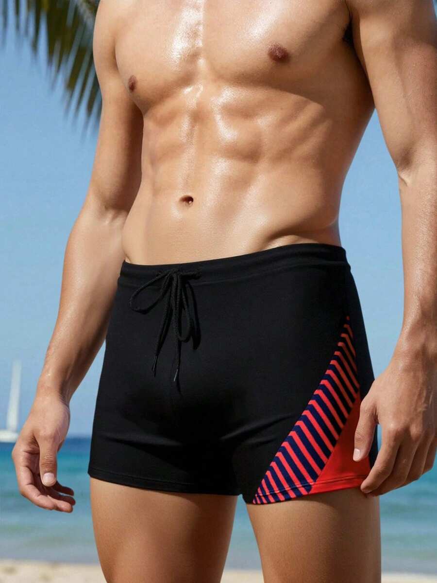 Manfinity KASUA 男士印花拼接抽绳松紧腰方腿泳裤，夏威夷风 - 彩色 - 查看 1