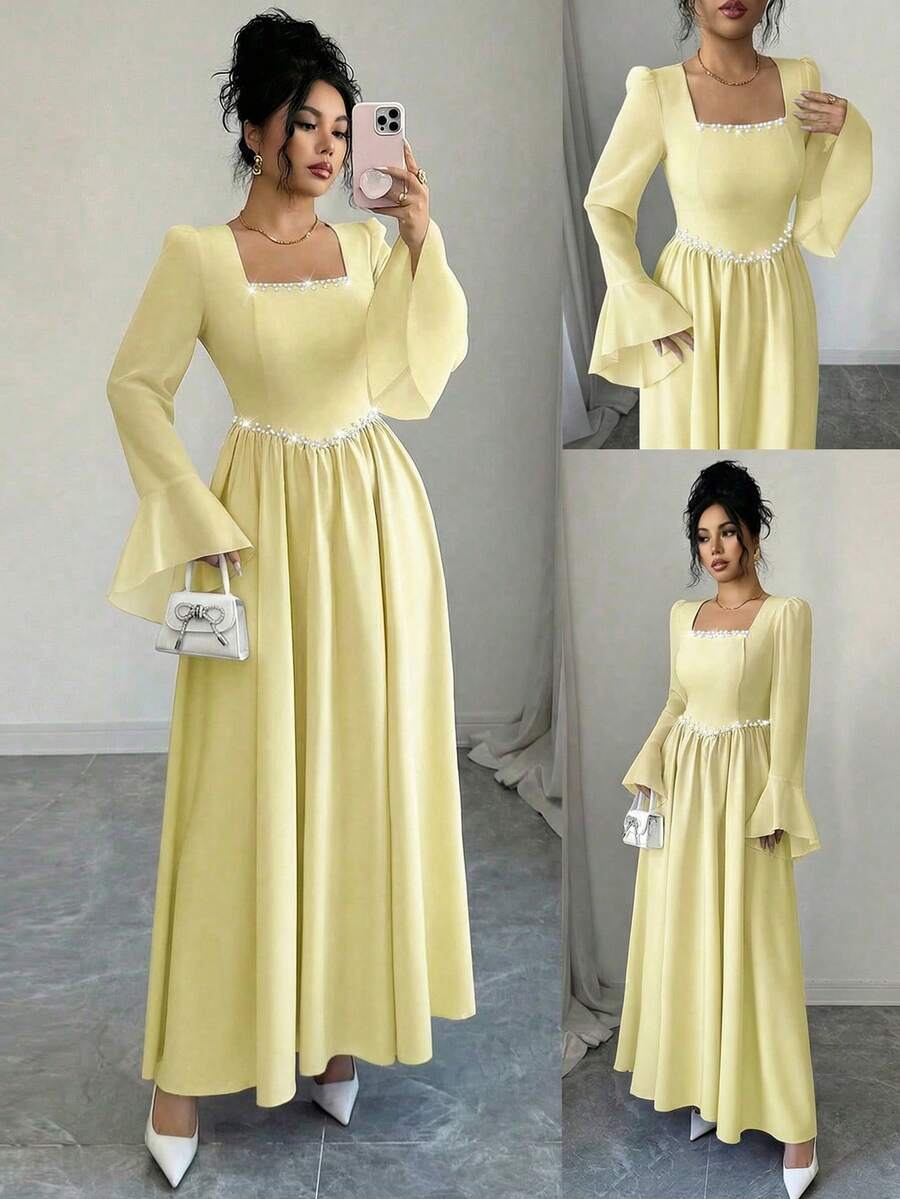 SHEIN Elenzya 女士浅黄色新款方领珍珠装饰A字腰部喇叭袖甜美浪漫优雅约会派对正式长裙 - 淡黃色 - 查看 1