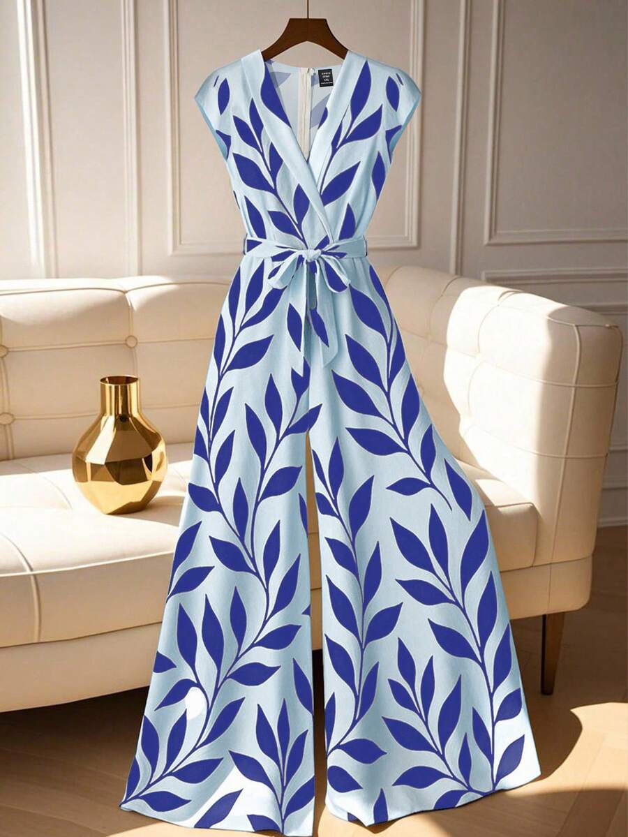 GlowEve CURVE Women's Summer Jumpsuit With Waist Cinching, Wide Leg Pants Set, Botanical Print Romper - Blue - View 1
