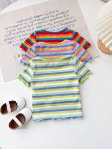 3pcs/Set Cute Colorful Striped Short Sleeve Knit Top For Baby Girls, Summer - Multicolor - View 2