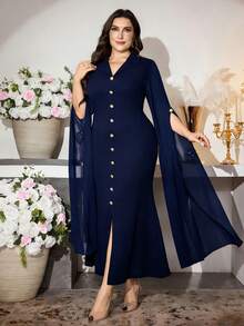 Modelyn Plus Size Women's Wine Red Blazer Collar Dress, Single-Breasted Gold Button Sheer Chiffon Sleeve Cinched Waist Vintage Elegant Dress, Autumn/Spring - Navy Blue - View 6