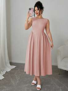 Elenzga Chic Women's Dusty Pink Sleeveless Round Neck Midi Plus Size Dress With Flared A Line Style Event Tea Party Summer Elegant - Dusty Pink - View 4