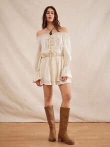 Easelle Bohemian Music Festival Off-Shoulder Ruffle A-Line Romantic Dress For Women - Apricot - View 4