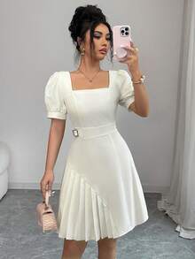 Elenzga Women's Spring/Summer New Arrival Elegant Chic Minimalist Dress, Suitable For Commute, Date, Afternoon Tea, Shallow Peach Petal Sleeve Cinched Waist Pleated A-Line Mini Dress - Apricot - View 3