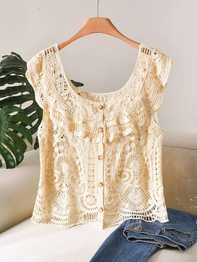 CosyJoli Top de Tricô Vazada com Decote Quadrado Franzido, Casual e Ideal para Férias, Plus Size