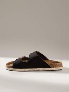 Solecia 女鞋双带金属扣露趾平底休闲度假风麻绳底仿麂皮女式凉拖鞋，适合日常街头和旅行穿着 - 黑色 - 查看 6