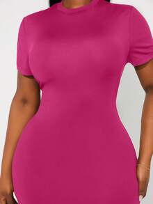 Radiana Plus Size Elegant Solid Color Slim Fit Dress, Summer Mint Green Short Sleeve Maxi Curvy Women Dresses Curve Bodycon Evening Party Date Night Light - Hot Pink - View 6