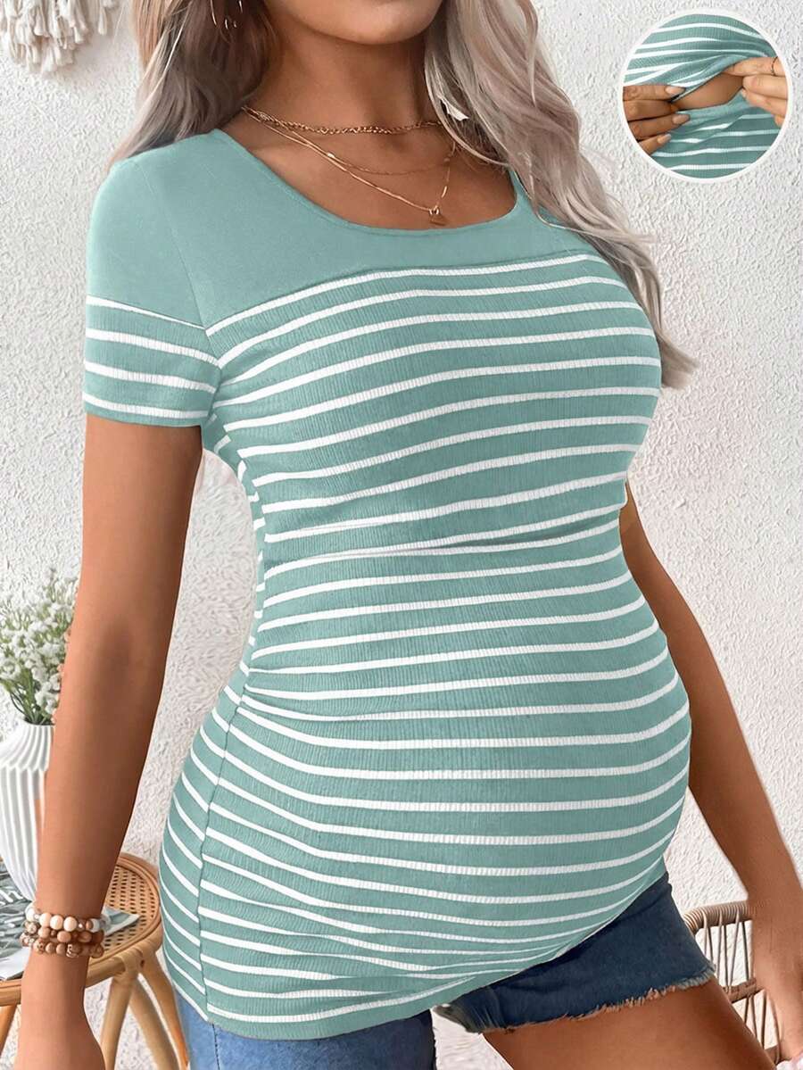 SHEIN 孕妇条纹短袖休闲哺乳上衣 - 淺藍色 - 查看 1