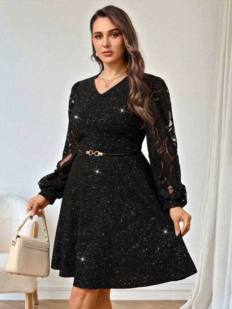 Plus Size Women Elegant Party Dress, Metallic Glitter Mesh Patchwork Sheer Lace Lantern Sleeve Waist Cinched Dress\Summer\Elegant\Party\Wedding Guest Dress Summer Outfits Party Dress   Formal Attire For Women Long Sleeve Elegant Dress Women Casual Dresses Women Dresses Elegant Classic Summer Outfits For Women  Beach Outfit For Women  Casual  Vacation Outfits Women Country Concert Outfit Peplum